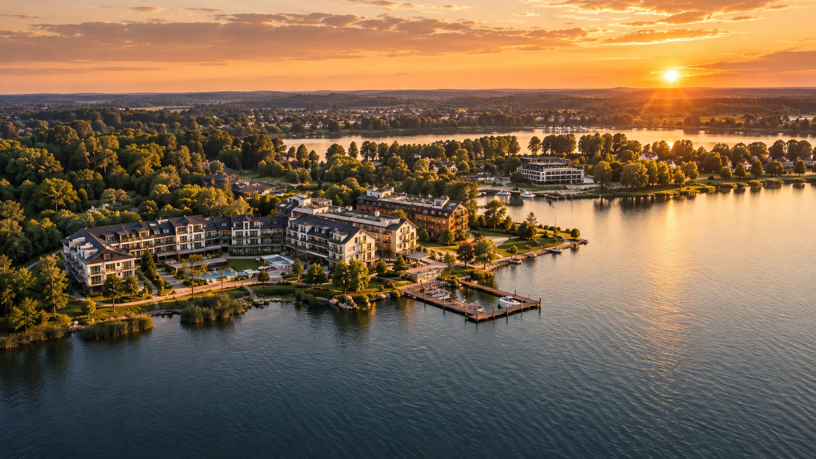 Hotel nad jeziorem z przystanią, ujęcie z drona